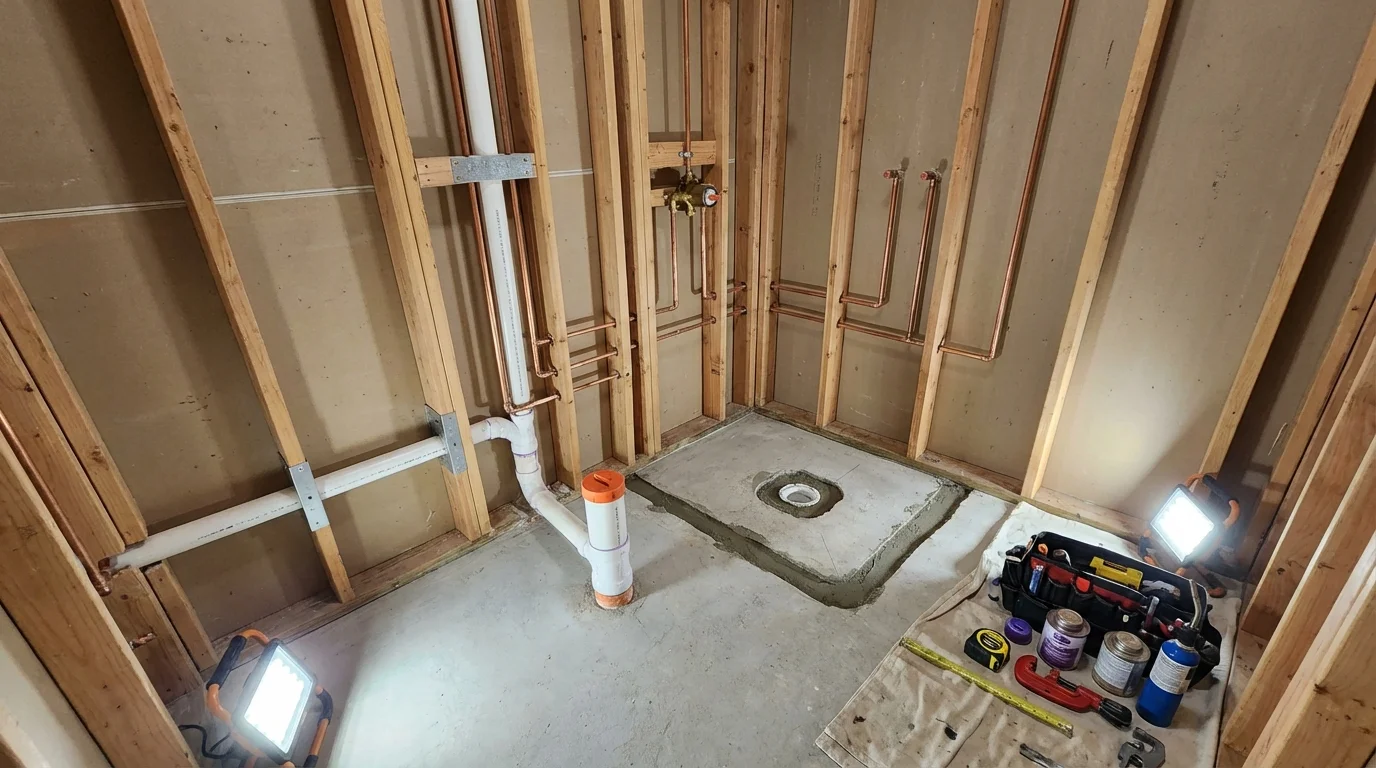 Bathroom rough-in plumbing during remodel by Johns Plumbing LLC in Palmerton