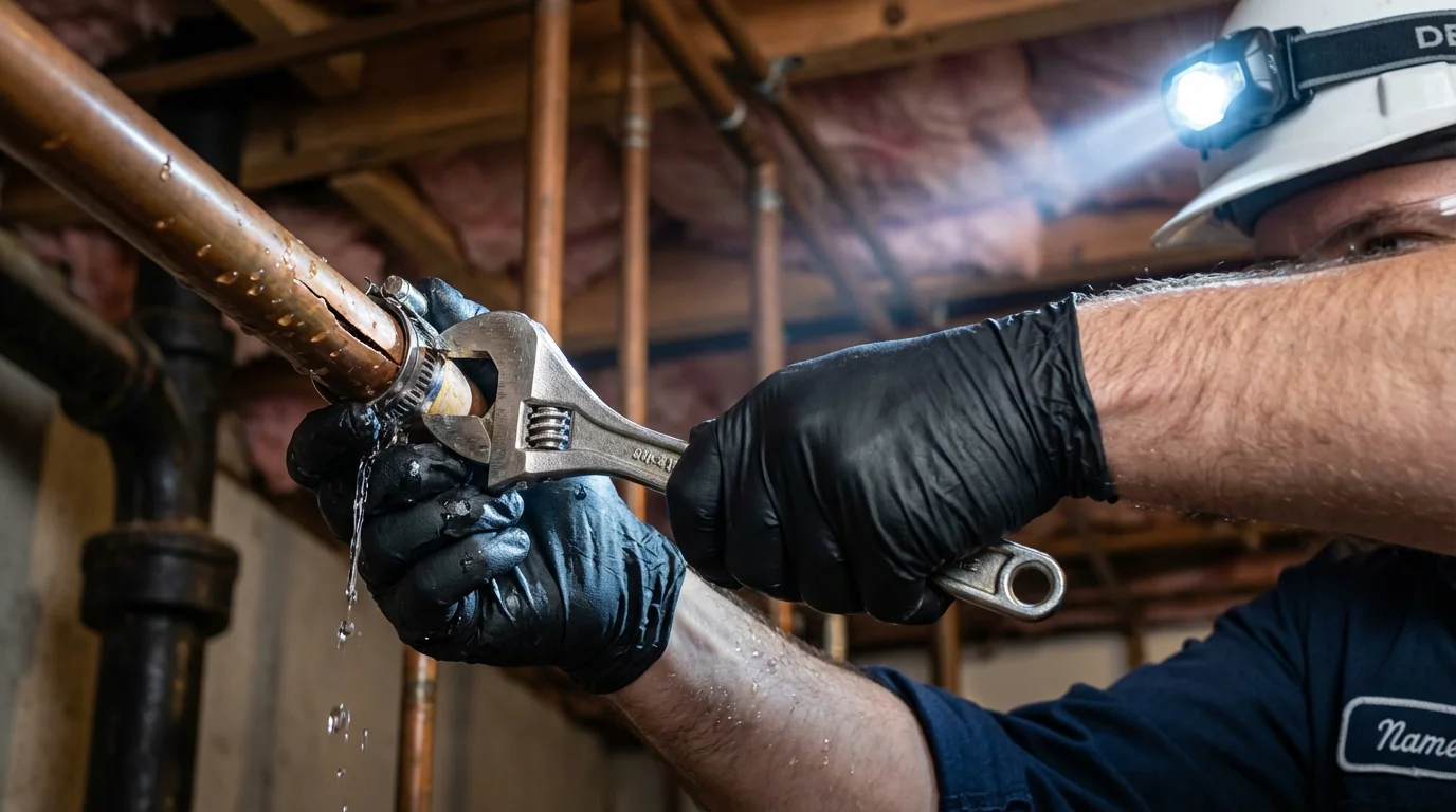Emergency pipe clamp repair being performed by a Johns Plumbing LLC plumber in Palmerton