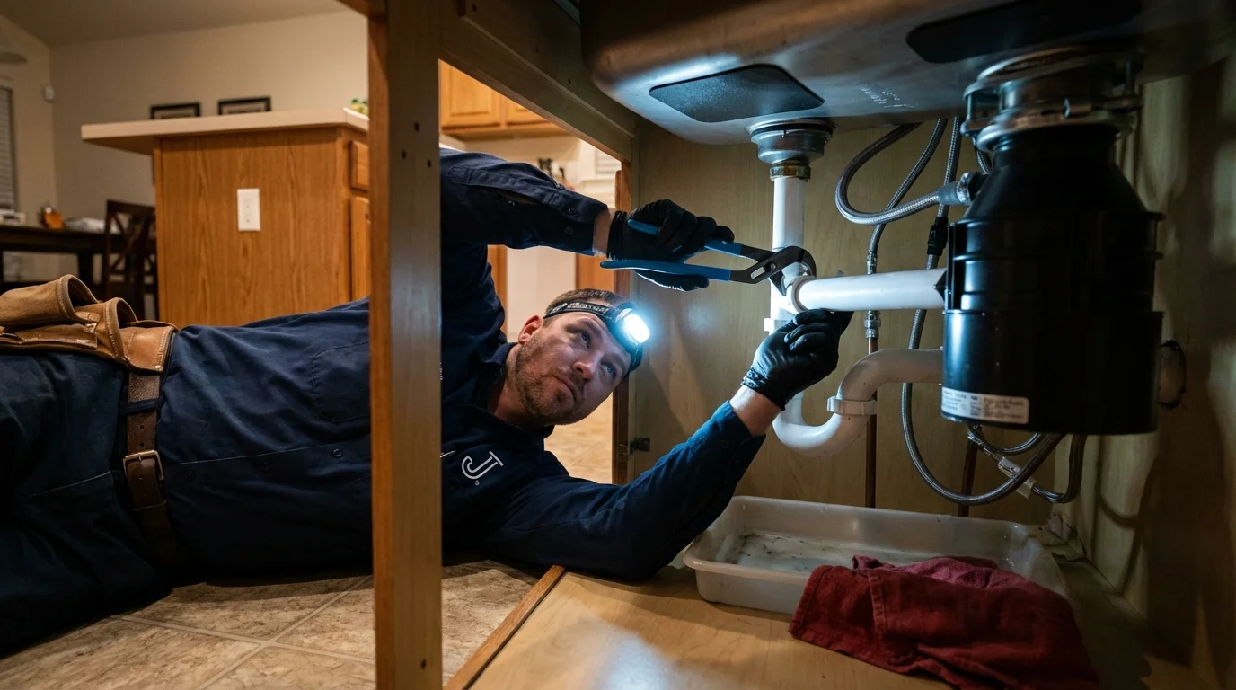 P-trap and supply line connections under a kitchen sink showing a common leak point in Palmerton, PA